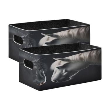 Imagem de Burbuja Caixa de armazenamento dobrável de cavalo preto e branco com alças – Caixa de armazenamento de feltro para organizar brinquedos, livros, maquiagem, panos, meias em prateleira, armário, quarto