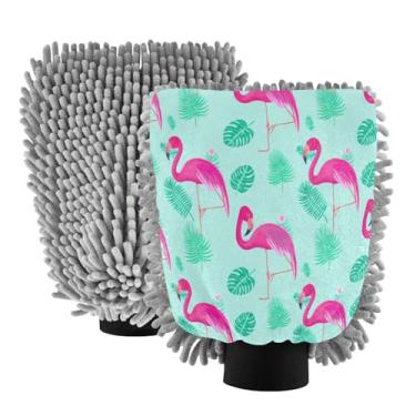 Imagem de STAYTOP Luvas de lavagem de carro flamingos e folhas de palmeira, 2 peças, luvas de microfibra de chenille, sem arranhões, panos de esponja de lavagem ultra absorventes para carros, limpeza doméstica