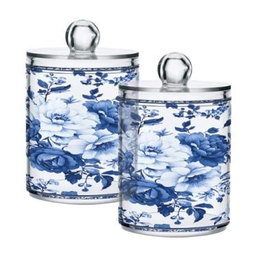 Imagem de STAYTOP 2 peças de frascos de boticário de flor retrô azul Qtip para banheiro com etiquetas - recipiente de armazenamento Qtip de plástico transparente acrílico para bola de algodão, cotonete, grão de
