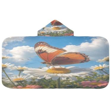 Imagem de Burbuja Toalha de banho com capuz borboleta margarida para crianças, toalha de praia de pelúcia macia absorvente para chá de meninas e meninos 3-10 anos, 61 x 127 cm