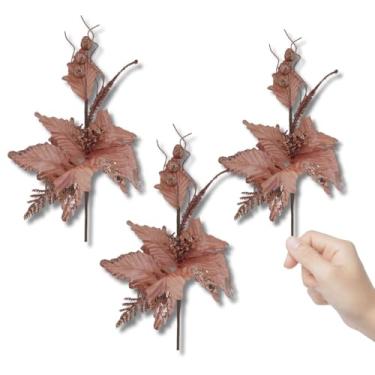 Imagem de 3 Flores, Artificiais Realistas | Decoração Natalina 47cm Rosê com Glitter | para Árvore de Natal, pinheiro, mesa, ceia de Natal, Enfeite de aniversário, casamento e Festas de Final de Ano