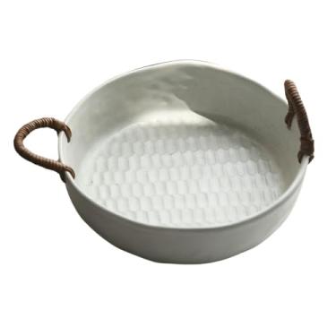 Imagem de Fruteira Fruteira de cerâmica com alças de rattan, textura em favo de mel, travessa decorativa para servir na cozinha e sala de jantar. Decoração de mesa(Branco,Grande)