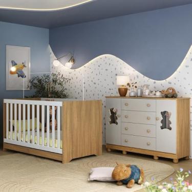 Imagem de Berço Americano 3 em 1 com Cômoda 2 Portas 4 Gavetas Fofura Multimóveis Mp4728 Madeirado/off White