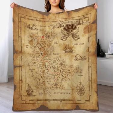 Imagem de ZhiRain Cobertor de mapa da ilha náutica vintage mapa antigo navio pirata oceano caveira antiga cobertor para sofá-cama sofá cadeira ou dormitório 76 x 101 cm
