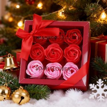 Imagem de 9 peças de rosas artificiais, conjunto de flores de seda de toque real, arranjo floral premium para decoração de casa e centro de mesa (vermelho)