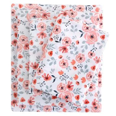 Imagem de Viviland Jogo de lençol solteiro floral - 3 peças de lençol com estampa de rosa laranja e rosa - Lençóis de microfibra macios e respiráveis com bolso profundo, lençóis e fronhas antiderrapantes