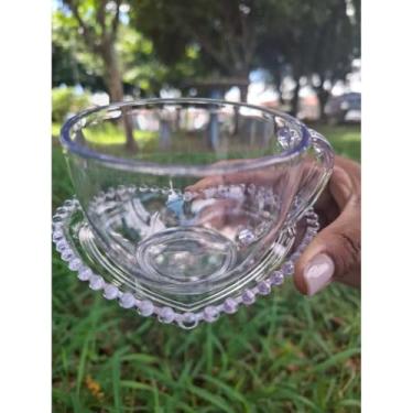 Imagem de Kit 6 Xícaras 180ml + 6 Pires Coração Borda de Bolinhas PLÁSTICO ACRÍLICO presente cantinho do café Mães(TRANSPARENTE)