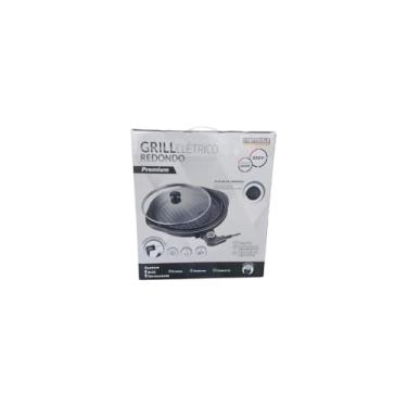 Imagem de Grill Elétrico Premium Redondo, 40cm, Antiaderente, Termostato Ajustável, 1200W, 220V, Preto, com Bandeja Coletora de Gordura