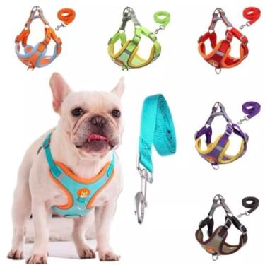 Imagem de Peitoral e Guia para Cachorro de Pequeno e Médio Porte, Nylon e Poliéster, Múltiplas Cores, com Fivela Ajustável e Mosquetão, Conjunto Completo 2 Peças