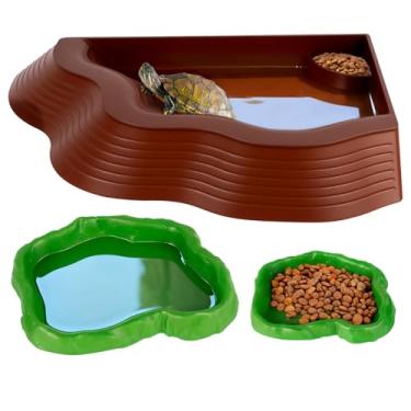 Imagem de Tigela de água de tartaruga com rampa de 3 peças, tigela de água para répteis, tartaruga, piscina, piscina, tartaruga, prato de imersão, acessórios de habitat de aquário (trompete-marrom plus green)