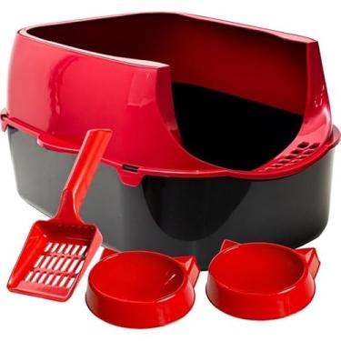 Imagem de Caixa de Areia para Gatos Grandes Sandbox Pet com Pá, Comedouro e Bebedouro – Banheiro Sanitário Resistente e Espaçoso(Vermelho)