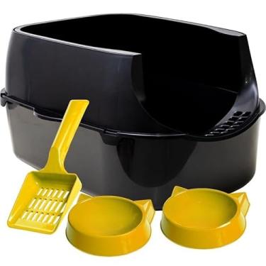 Imagem de Caixa de Areia para Gatos Grandes Sandbox Pet com Pá, Comedouro e Bebedouro – Banheiro Sanitário Resistente e Espaçoso(Preto)