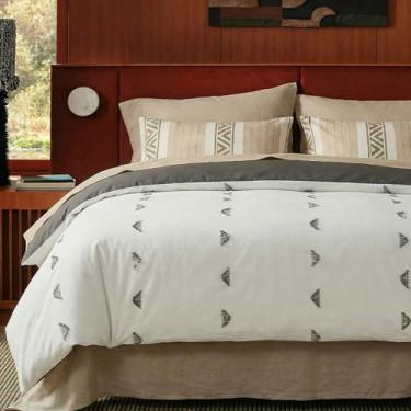 Imagem de Cozaline Capa de edredom 100% algodão tufado tamanho Queen, conjunto de cama boho bordado com fronhas, 3 peças, capa de edredom de algodão natural macio respirável e minimalista, design cinza neutro