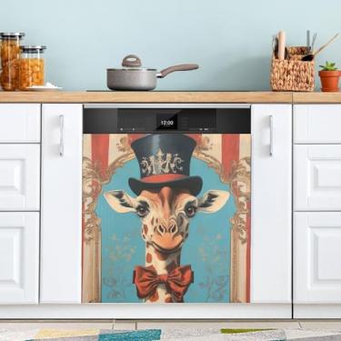Imagem de Girafa vitoriana azul-petróleo capa magnética para máquina de lavar louça, impermeável, envoltório de geladeira, adesivo magnético de geladeira 58,4 cm x 66 cm