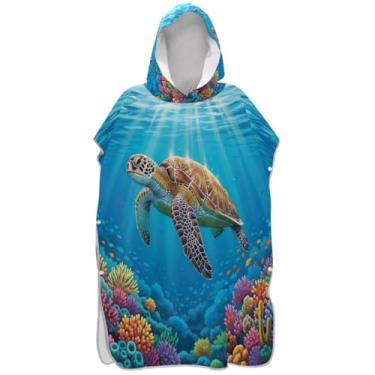 Imagem de Joisal Poncho de surfe trocador de roupão para toalha de praia com capuz Adul poncho masculino absorvente com capuz tartaruga marinha azul oceano coral