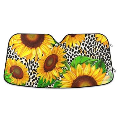 Imagem de Protetor solar vibrante com estampa de leopardo de girassóis para para-brisa de carro, protetor solar retrátil universal para para-brisa dianteiro de carro M, 139,7 cm x 70,1 cm