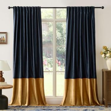 Imagem de Cortinas de veludo para sala de estar azul marinho dourado 259 cm de comprimento, 2 painéis, cortinas blackout modernas com bloco de cores, bolso traseiro para varão, cortinas à prova de som, para