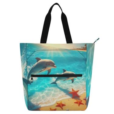 Imagem de GAIGEO Linda bolsa de praia com golfinhos brincalhões para crianças e mulheres com zíper, escola, trabalho, viagem