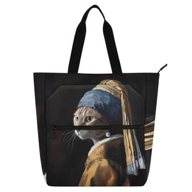 Imagem de GAIGEO Bolsa feminina divertida de gato com brinco de pérola para trabalho, lona, praia, livros, zíper, presente infantil fofo para amantes de livros