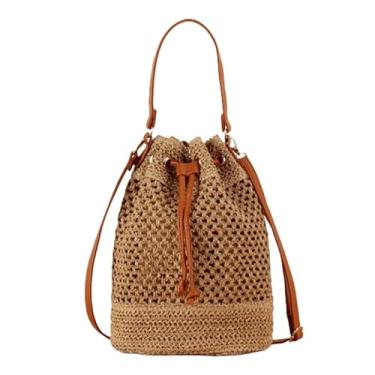 Imagem de Bolsa Bucket de Corda Papel Tecido Praia Casual Fashion para Ombro e Transversal com Alças Couro Cordões Tração Férias Retrô Crochê Costura Cor Solida oca Palha Natural