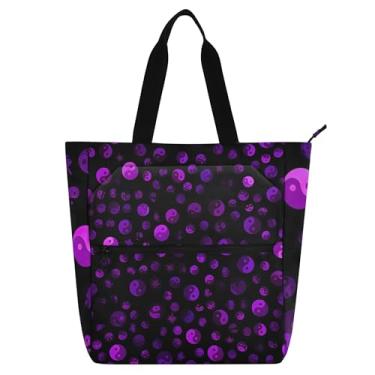 Imagem de GAIGEO Sacolas femininas roxas com símbolos do Yin Yang para trabalho, lona, praia, livro, sacola com zíper, bolsas infantis com compartimentos