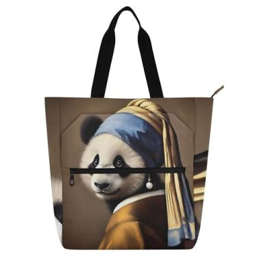 Imagem de GAIGEO Sacola clássica com estampa de brinco de pérola de panda para mulheres e crianças com zíper, bolsa para livros escolares, trabalho