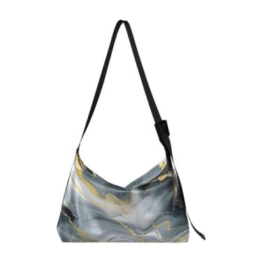 Imagem de Bolsa tiracolo de couro borboleta azul com estrelas, bolsa Hobo de couro grande, bolsa Hobo transversal, Pintura abstrata dourada e preta branca-4, One Size