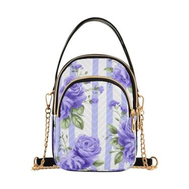 Imagem de Bolsa tiracolo feminina floral azul com listras roxas e azuis e correntes douradas, crossbody, bolsas transversais femininas, Listrado azul da Violet Roses Royalty-4, One Size