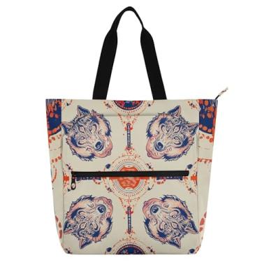 Imagem de GAIGEO Bolsa feminina Wolf Animals Tan Tribal Work Tote de lona escolar com zíper lindas bolsas infantis amantes de livros