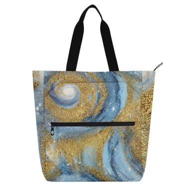 Imagem de Sacola de texturas de galáxia azul dourada para mulheres e crianças com zíper à prova d'água bolsa escolar bolsa de trabalho