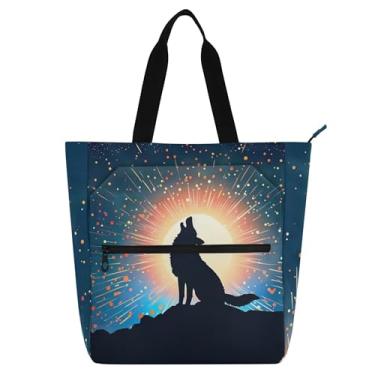 Imagem de Silhouette Wolf Howling Moon Work Tote para mulheres lona praia livro tote com zíper bolsas de viagem livro amante presente