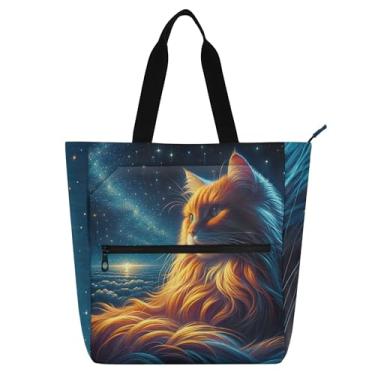 Imagem de GAIGEO Sacola fofa de gato espacial para mulheres de trabalho em lona escolar bolsa reutilizável para amantes de livros