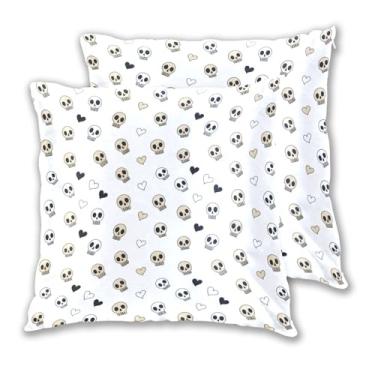 Imagem de Joitme Conjunto de 2 capas de almofadas brancas bege com caveiras pretas corações pretos, capa de almofada fofa de primavera, decoração de sala de estar, 40,6 x 40,6 cm, 2 peças