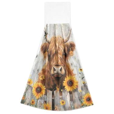 Imagem de Joitme Toalhas de mão de cozinha com laço para pendurar cerca de vaca highland girassol conjunto de 2, toalhas de mão de cozinha fofas altamente absorventes, 46 x 35 cm