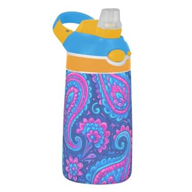 Imagem de Garrafa de água esportiva infantil de 473 ml com tampa de palha, garrafa de água à prova de vazamento para escola, copo infantil Tritan de 473 ml, alça de transporte, maximalismo paisley azul roxo