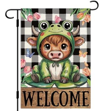 Imagem de DLZDN Bandeira de jardim Spring Highland Cow Frog 30,5 x 45,7 cm, dupla face, vertical, serapilheira, quintal, sinalização, sazonal, decoração ao ar livre
