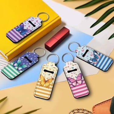 Imagem de Suporte de brilho labial com estampa de listras borboletas com mosquetão resistente ao calor, protetor labial para chaveiro, capa de batom confortável para mulheres, uso ao ar livre