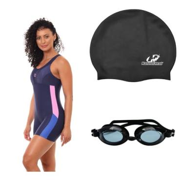Imagem de Kit Natação Macaquinho Óculus Proteção UV e Touca Silicone Grande (Marinho/Azul/Rosa - Óculos Preto, XGG)