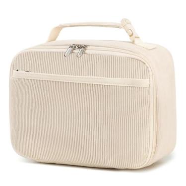 Imagem de GODWOODS Lancheira fofa para mulheres e homens, lancheira pequena de veludo cotelê com compartimentos térmicos e organizadores, lancheira isolada para viagens e trabalho (bege)