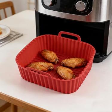 Imagem de Cesta de silicone para fritadeira a ar de 17 cm, assadeira quadrada antiaderente resistente ao calor com alças, panela de fritadeira a ar espessa reutilizável adequada para forno, micro-ondas
