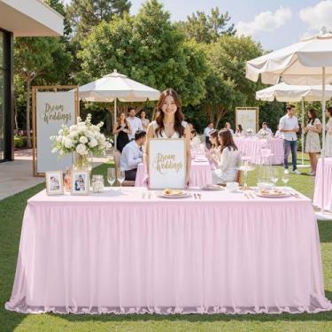 Imagem de familus Toalhas de mesa rosa de 1,8 m para mesas retangulares, saia de mesa de tule elástica, toalha de mesa tutu retangular com babados para feiras de artesanato, banquetes e exibição de feiras