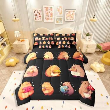 Imagem de Erosebridal Jogo de cama completo de 7 peças de capivaras divertidas, cama para amantes de capivara, conjunto de cama de roedores com desenho animado inclui edredom, conjunto de lençóis, fronhas e