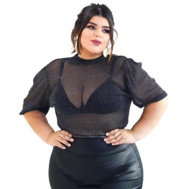 Imagem de Cropped Lurex Brilho Festa Natal Plus Size Manga Princesa - Zoe, Preto