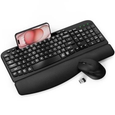 Imagem de Combo de teclado e mouse sem fio, teclado ergonômico Wave Keys com descanso almofadado, suporte de telefone, conjunto de mouse sem fio silencioso de 6 botões de 2,4 GHz para laptop, PC, Windows, Mac