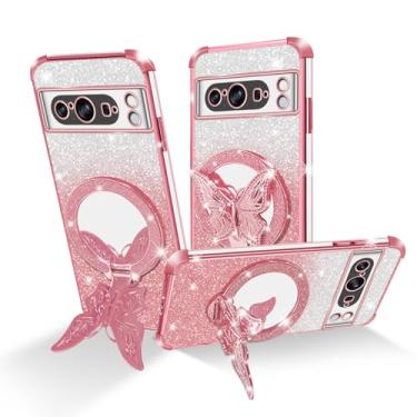 Imagem de Easyscen Capa para celular Google Pixel 8 Pro (6,7 polegadas), com suporte de borboleta e 4 cantos de airbag, capa protetora à prova de choque de luxo com glitter para mulheres - ouro rosa
