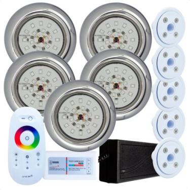 Imagem de Kit 5 Refletores Led 18w RGB Inox e Comando para Iluminação Piscina Vi