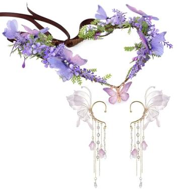 Imagem de MOSTORY Conjunto de acessórios de fada borboleta – Kit de punhos de orelhas de elfo e coroa de elfo de flor da floresta para mulheres, fantasia renascentista, cosplay, Roxa, adjustable