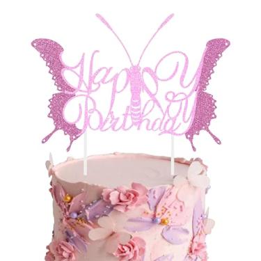 Imagem de 1 PCS Happy Birthday Butterfly Decorative Non-Edible Pink Light Purple Cake Topper,Cake Decorations Sturdy Glitter Paper Butterflies Party Favorite Supplies.