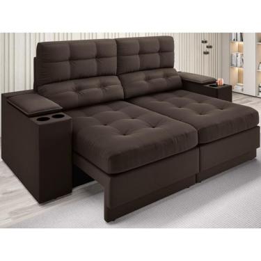 Imagem de Sofá com Porta Copos e Carregador USB Eureka 1,70m Assento Retrátil e Reclinável Velosuede Chocolate - NETSOFAS
