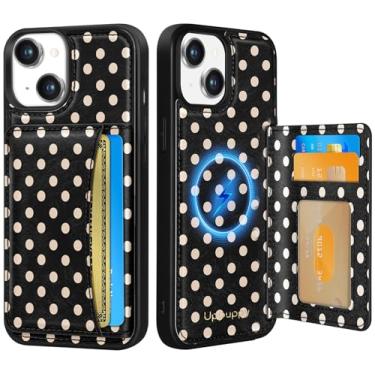 Imagem de Uppuppy Capa para iPhone 14 Plus com carteira – Compatível com MagSafe Women Girls Cute Aesthetic Unique Design Suporte de cartão de crédito de couro para Apple 14 Plus, Black Polka